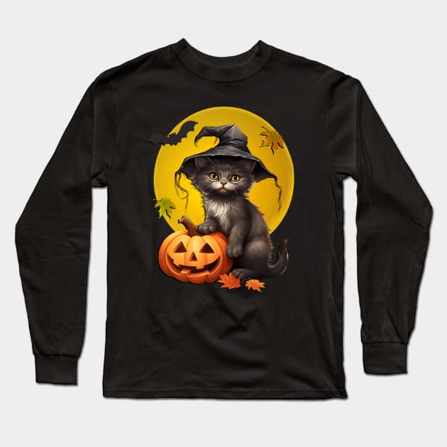 Black Cat In Witch Hat Harvest Moon Halloween Long Sleeve T-Shirt by tamdevo1